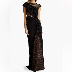 ✨NEW✨ Tadashi Shoji Jetta Peek a Boo Illusion Gown Black Cap Sleeve Maxi Dress